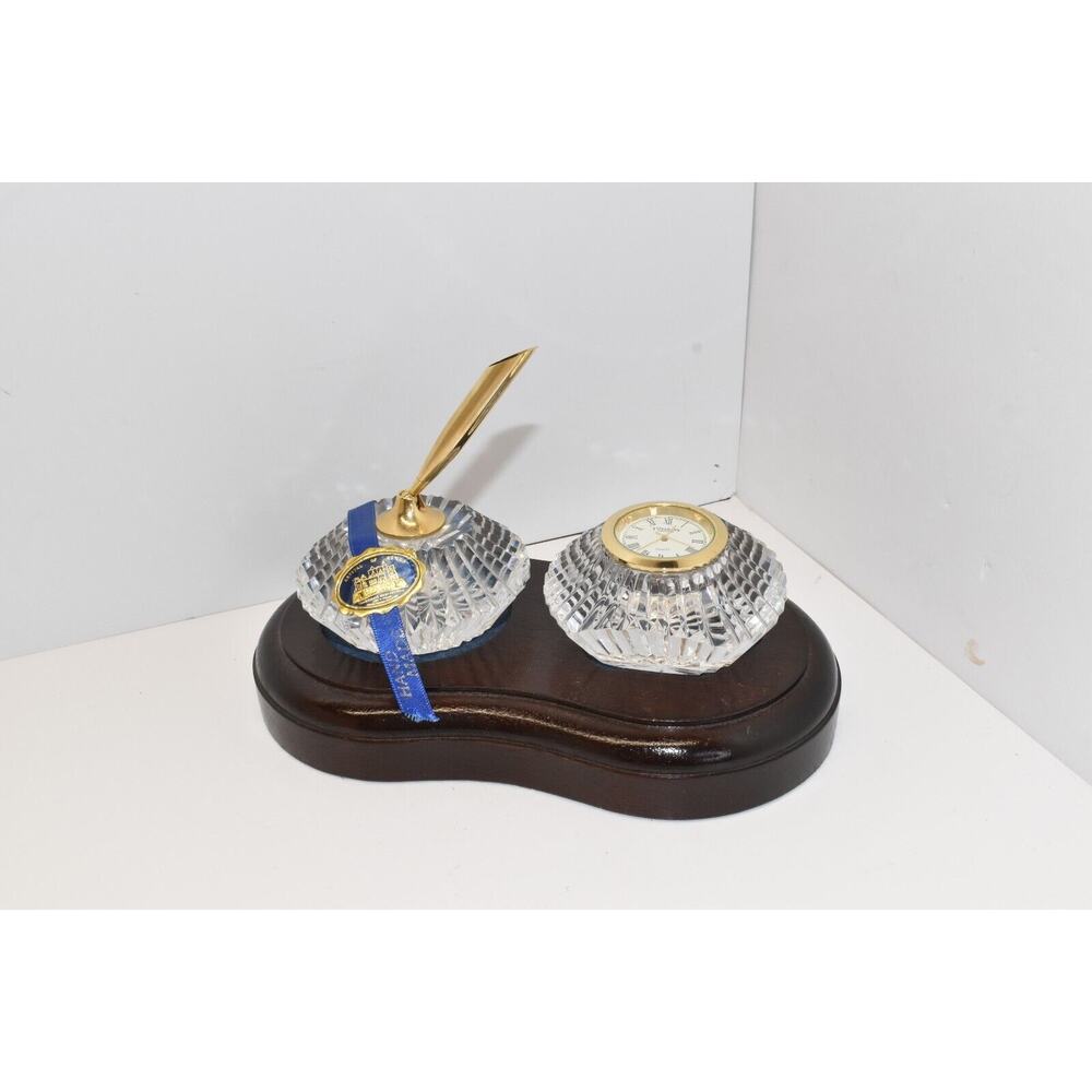 Tipperary Crystal Desk Clock And Pen Set With Wooden Stand Hand Made